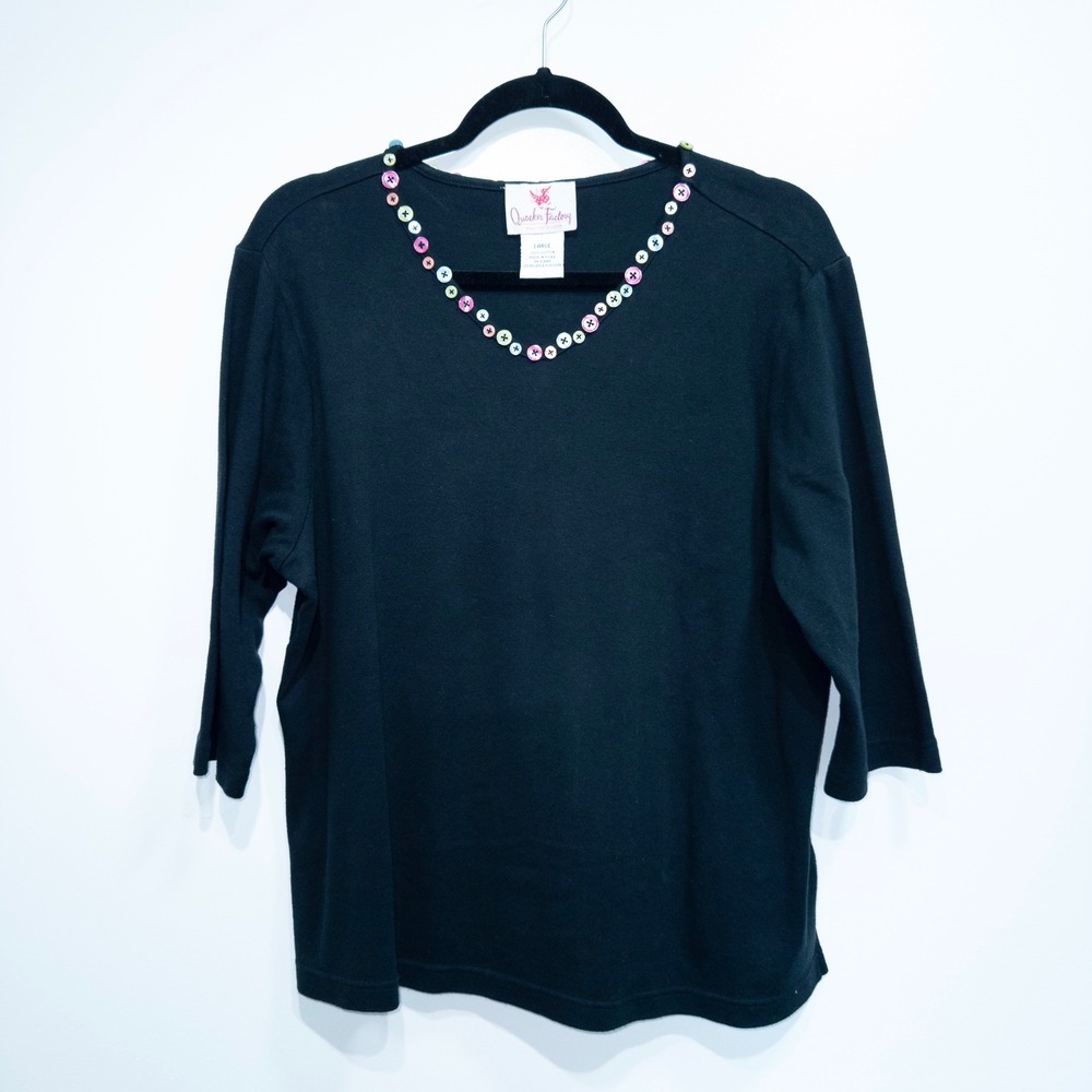 Quacker Factory Black Button‎ Embellished Neckline Shirt Size Large